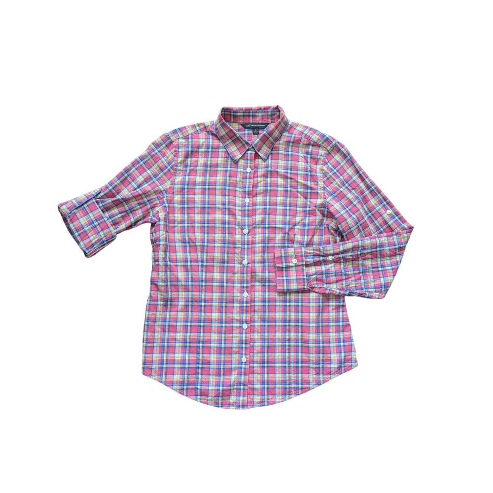 Brooks Brothers 346 Button Down Shirt Womens 8 Pink Plaid Cotton Roll Tab Sleeve